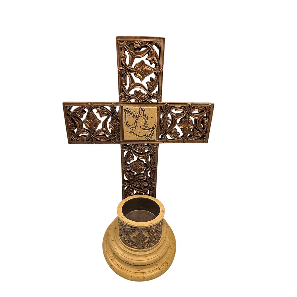Demdaco By Faith Bill Stross Dove Bronze Tone Standing Cross Candle Holder 2006